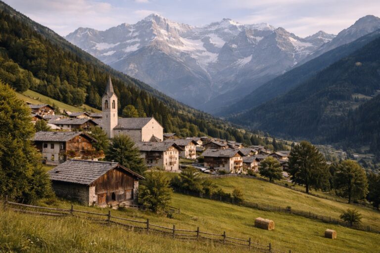 Alpine village in the Aosta Valley with stone houses, church tower, and snow-capped mountains.