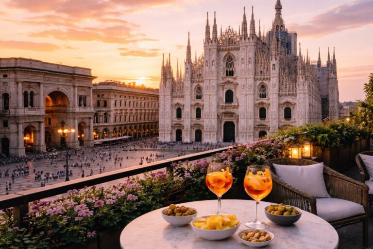 Milan Duomo at sunset with Piazza del Duomo and surrounding historic buildings.