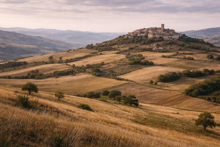 Rural hill landscape and small villages in Molise, Italy.