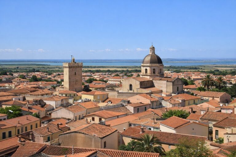 Panoramic view of Oristano with terracotta rooftops, the Cathedral of Santa Maria Assunta and Torre di Mariano II, and the lagoon landscape stretching toward the western Sardinian coast.