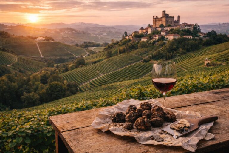 Rolling hills of the Langhe in Piemonte with vineyards and hilltop village.
