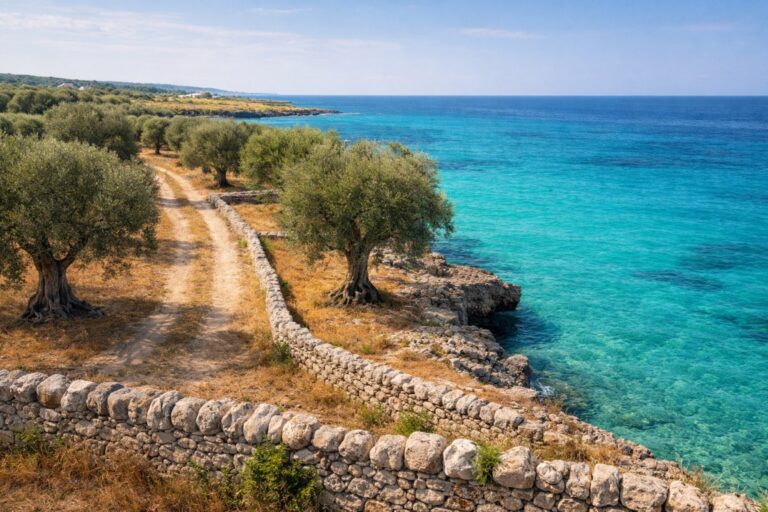 Olive groves and sea in Puglia, Italy