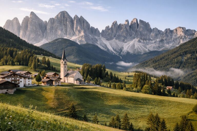 Alpine village in Trentino-Alto Adige surrounded by the Dolomites.