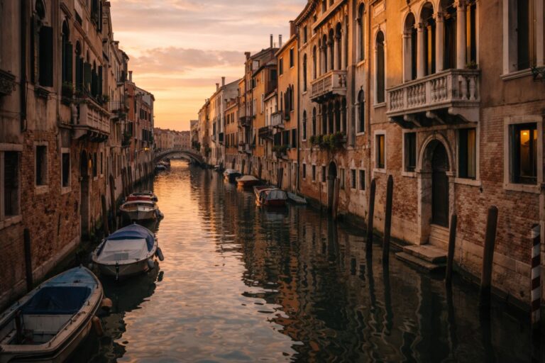 Quiet Venetian canal at sunset with historic buildings and moored boats.