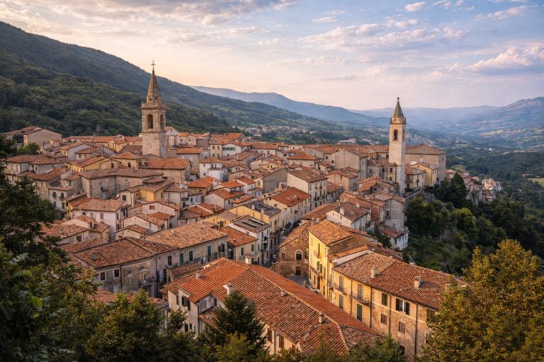 Agnone historic center in Alto Molise with bell towers and mountain backdrop.