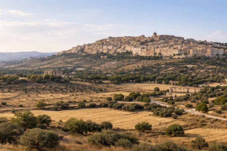 Agrigento hilltop town overlooking dry plains with distant temple ruins in late-afternoon light.