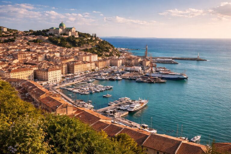 Ancona port and hillside city overlooking the Adriatic Sea in Marche, Italy.