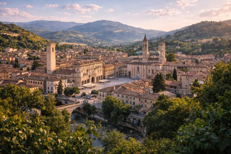 Ascoli Piceno historic center and Piazza del Popolo in Marche, Italy.