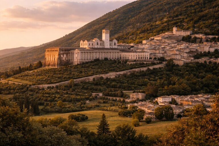 Assisi in Umbria with the Basilica of San Francesco above layered stone buildings and olive groves at golden hour