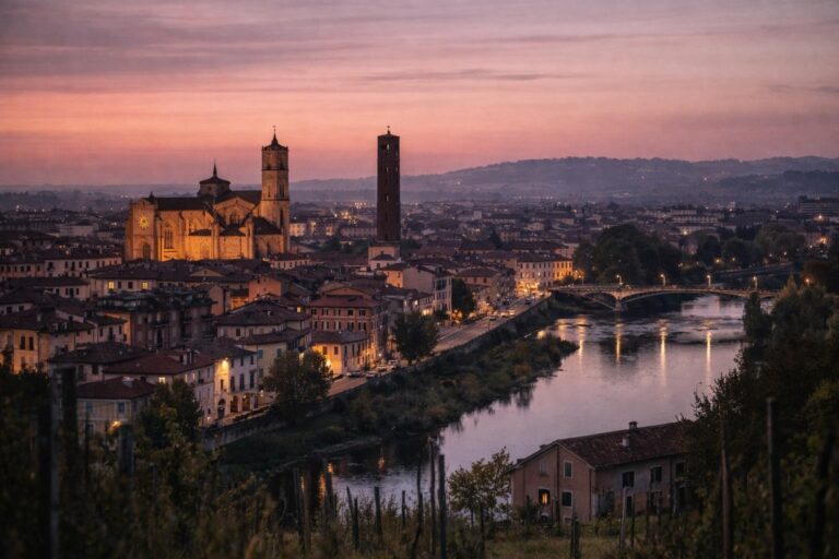 Asti cityscape at dusk with cathedral, medieval tower, and river