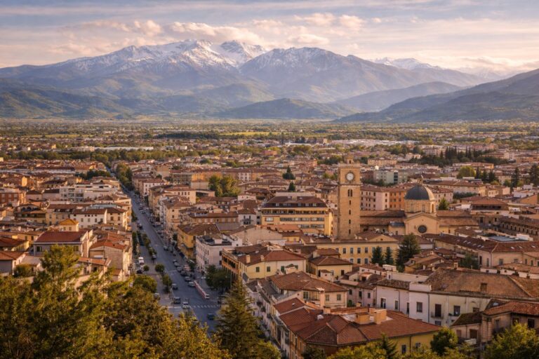 Avezzano town center with Fucino plain and surrounding Apennine mountains in Abruzzo