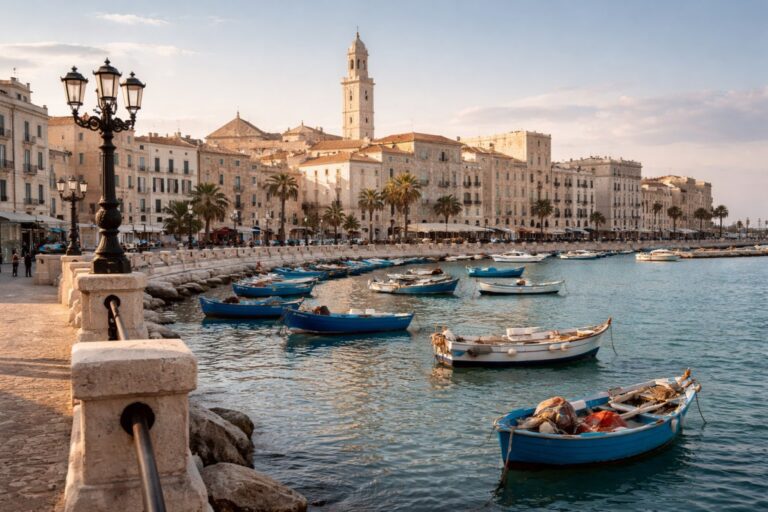Bari old town waterfront with small fishing boats, stone buildings, and mixed-age locals walking along the harbor in Puglia.