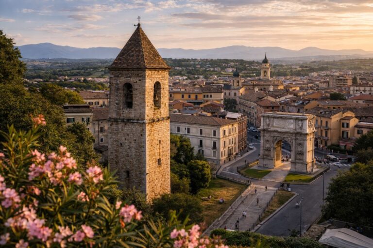 Arch of Trajan and historic center of Benevento at golden hour in inland Campania, Italy.