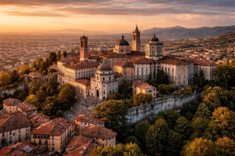 Elevated view of Bergamo’s Città Alta overlooking the lower city and surrounding hills.