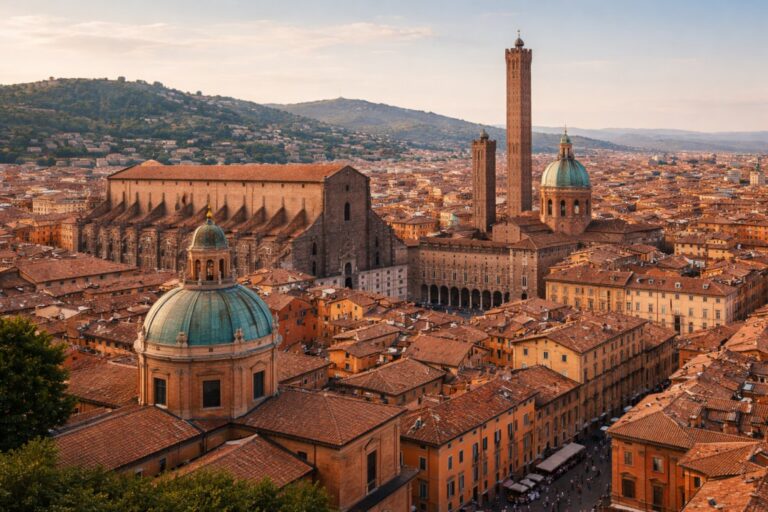 Bologna skyline with Torre degli Asinelli, Torre Garisenda and Piazza Maggiore at late afternoon