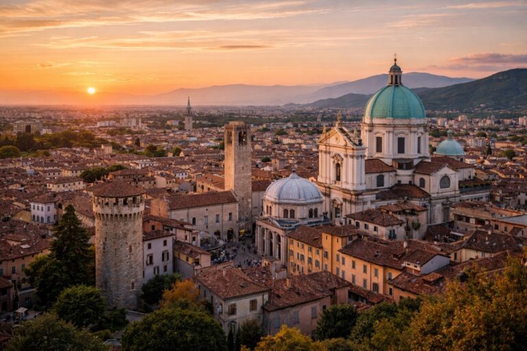 Elevated view of Brescia’s historic center with surrounding residential and industrial districts.