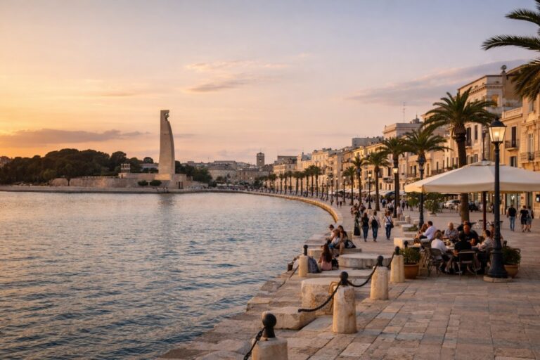 Brindisi waterfront promenade curving around the harbor with palm trees, port monument, and evening pedestrians in Puglia.