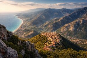 Living in Calabria: landscape showing mountain ridgelines descending toward the Tyrrhenian coastline.
