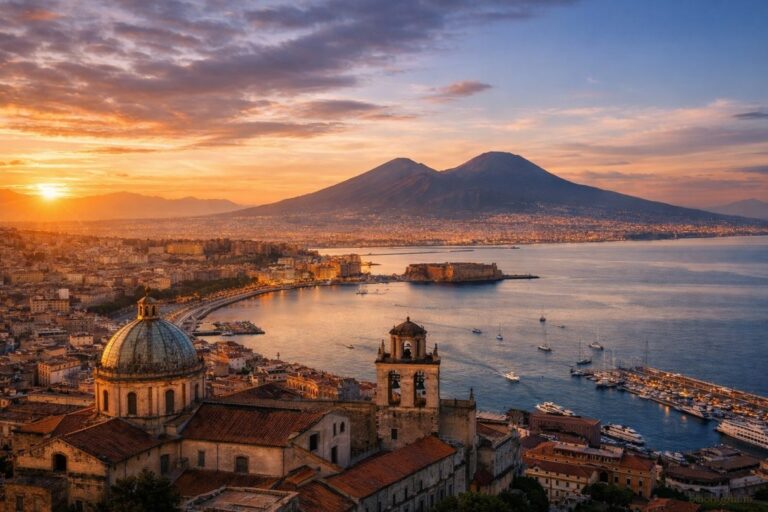 Living in Campania: Bay of Naples at sunset with Napoli’s dense coastline and Mount Vesuvius.