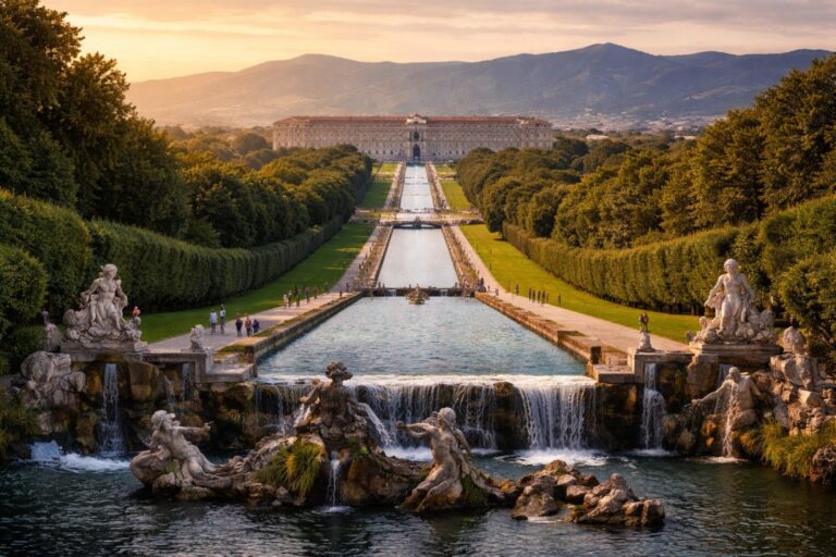 Royal Palace of Caserta with formal gardens and central water axis in Campania, Italy.