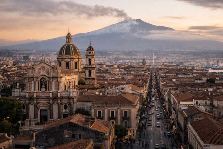 Catania cityscape at dusk with Via Etnea leading toward Mount Etna in the background.