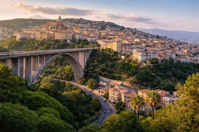 Morandi Viaduct in Catanzaro with the hilltop historic center rising above the valley.