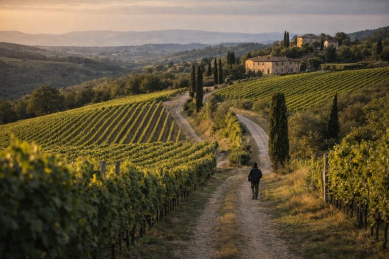Ordered vineyard rows and gravel path in the Chianti corridor with a lone walker, manicured slopes and cypress trees under late afternoon light.