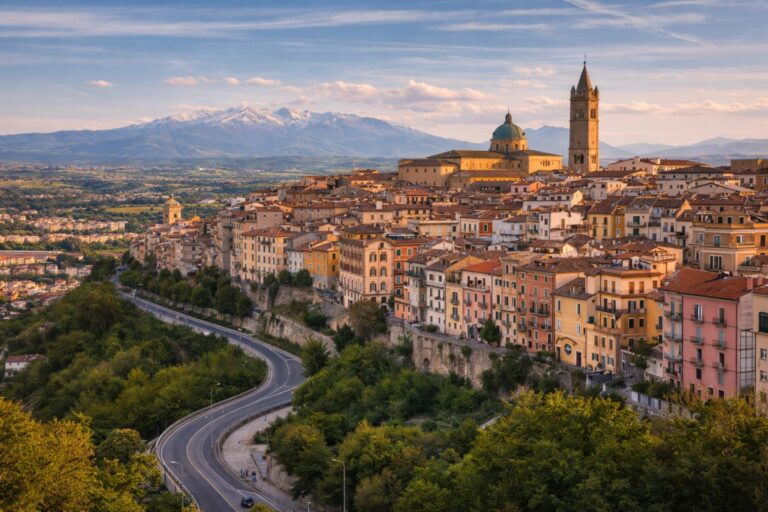 Chieti historic hilltop center with Cathedral of San Giustino and Maiella mountains in Abruzzo