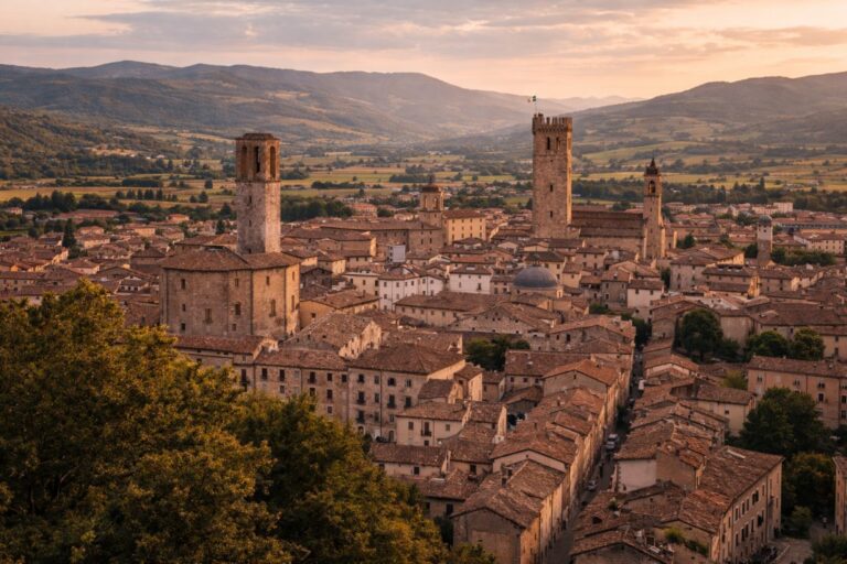 Città di Castello in northern Umbria with compact stone buildings and tall medieval towers set in a wide basin