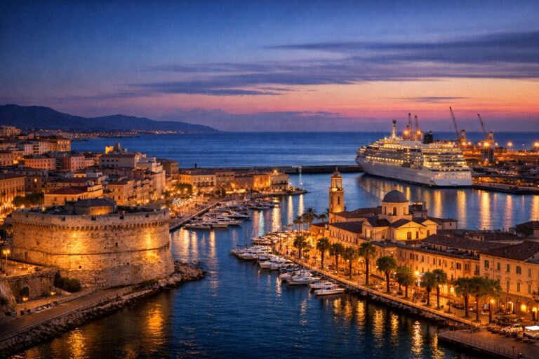 Evening view of Civitavecchia harbor with working port, mid-rise buildings, and calm coastal light in Lazio