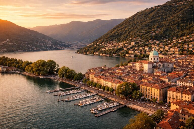 Elevated view of Como with the lakefront, historic center, and surrounding hills.