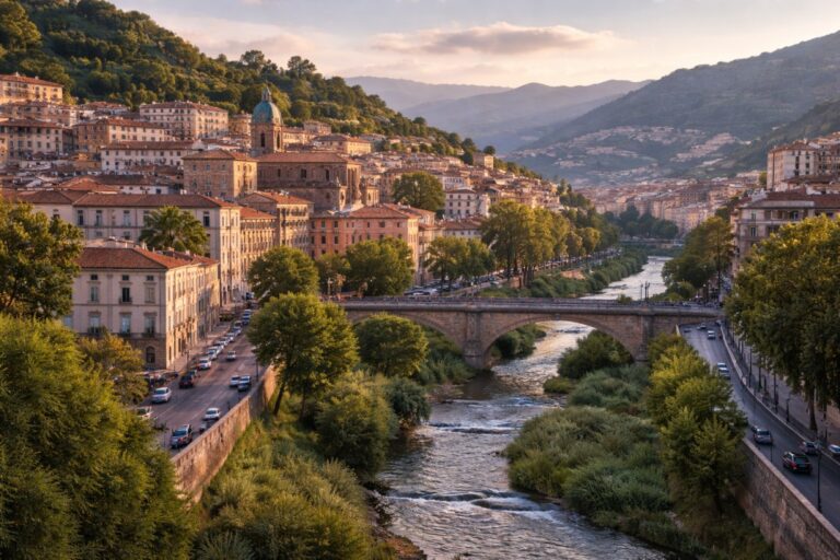 Historic center of Cosenza overlooking the Busento River and Ponte San Francesco di Paola.