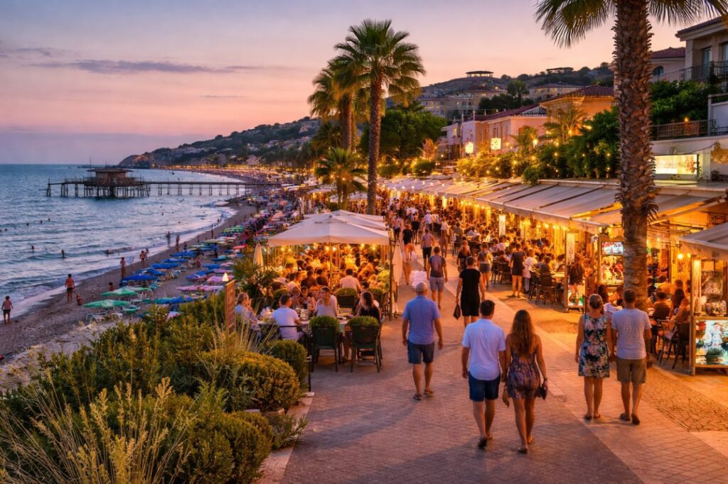 Evening promenade on Costa dei Trabocchi with seaside restaurants, beachgoers, and Adriatic coastline in Abruzzo