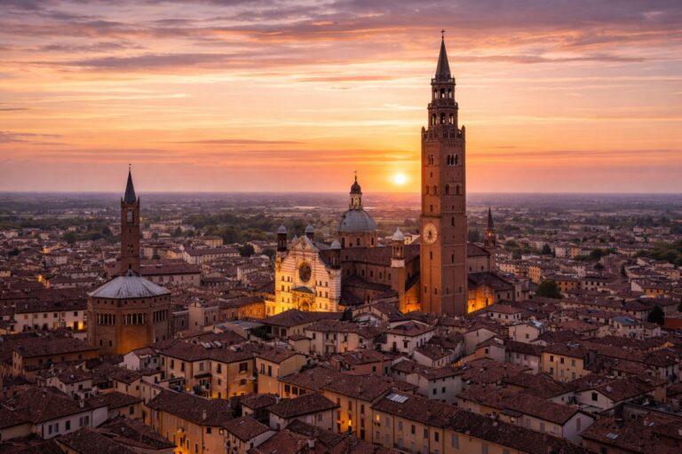 Elevated view of Cremona with the Torrazzo bell tower and historic city center at sunset.