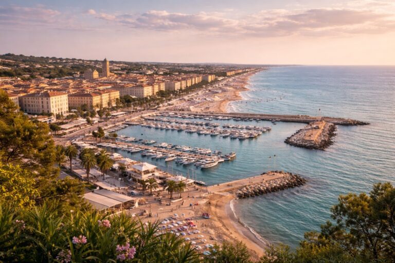 Fano marina and Adriatic coastline in Marche, Italy.