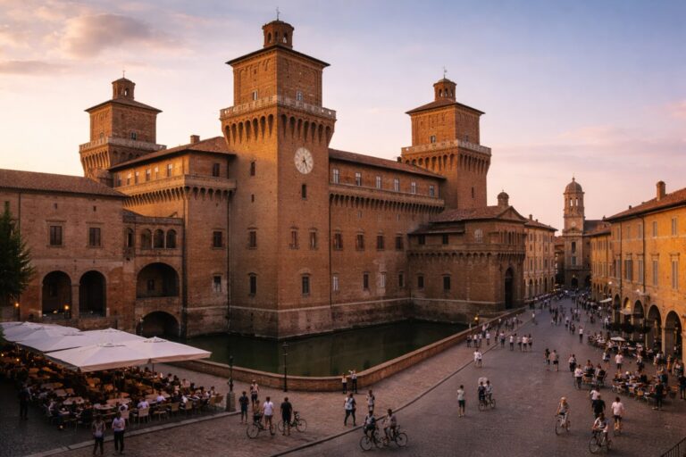 Castello Estense in Ferrara with surrounding moat and brick towers at sunset