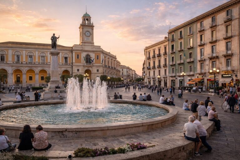 Foggia Piazza Cavour with fountain, civic buildings, and mixed-age locals in the early evening, inland Puglia.
