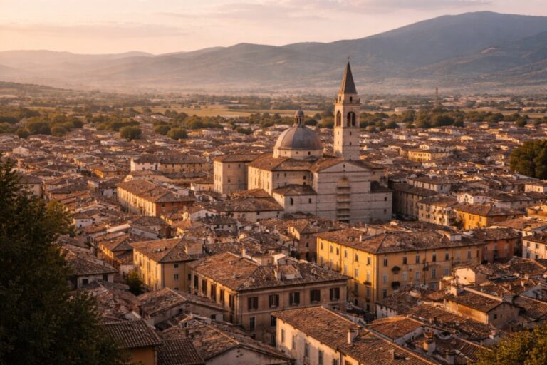 Foligno in Umbria with dense low-rise urban fabric and cathedral dome set against open valley landscape