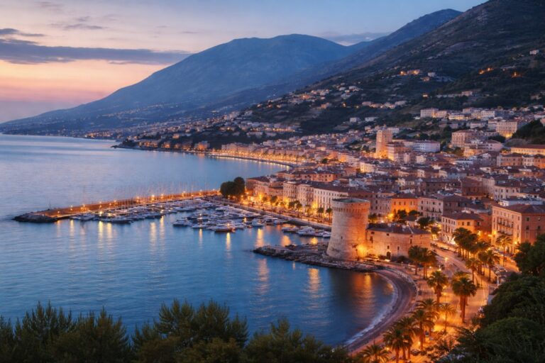 Formia at twilight with marina, Torre di Mola, waterfront promenade, and mountains rising behind the Gulf of Gaeta.