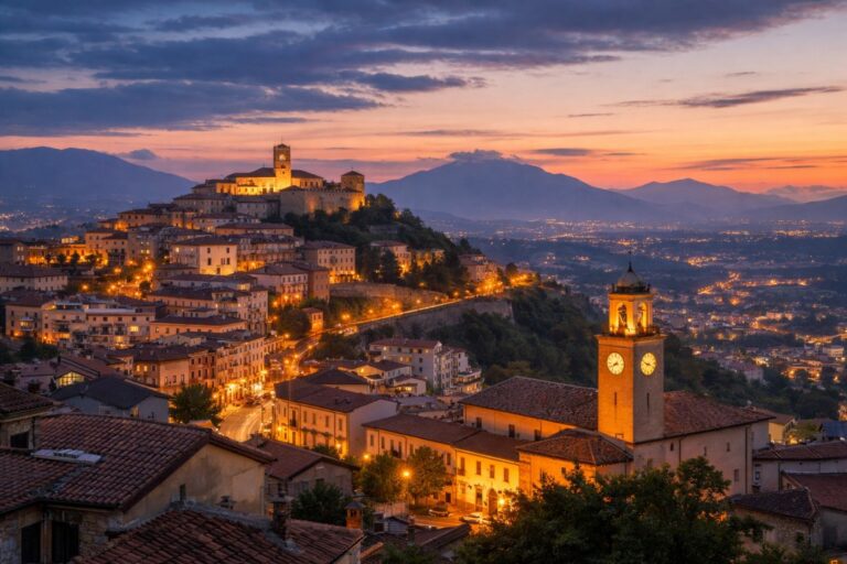 Elevated dusk view of Frosinone’s hilltop old town with terracotta rooftops, illuminated clock tower, and the Ciociaria valley stretching toward the Apennines.