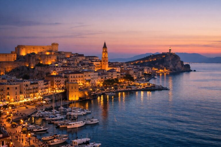 Twilight view of Gaeta’s old town with Aragonese-Angevine Castle, cathedral bell tower, marina, and Monte Orlando lighthouse overlooking the Gulf of Gaeta.