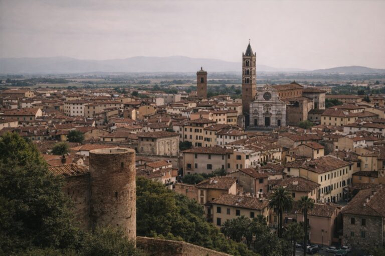 Grosseto skyline with cathedral tower and terracotta rooftops overlooking the Maremma plain.