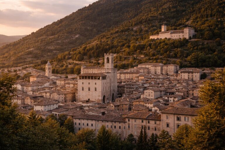 Gubbio in Umbria with steep stone buildings rising along the mountain slope and forested backdrop
