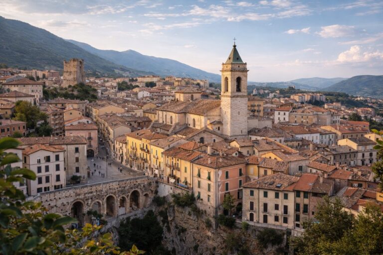 Isernia historic center with Fontana Fraterna and cathedral tower in Molise.