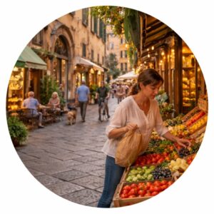Local resident shopping for produce at a neighborhood market in Italy.