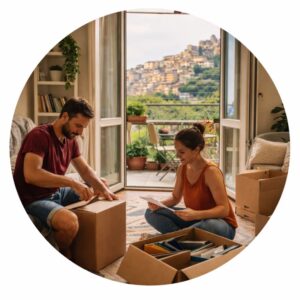 Couple in their 30s unpacking boxes in an apartment in Italy.
