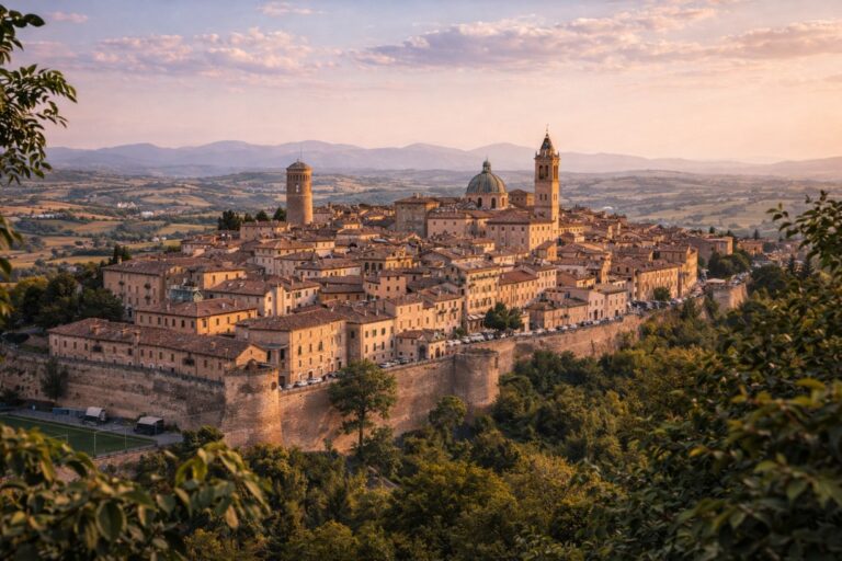 Jesi hilltop historic center and surrounding countryside in Marche, Italy.