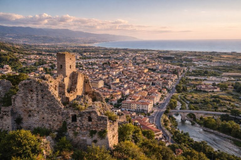 Castello di Nicastro overlooking Lamezia Terme and the Tyrrhenian coastal plain in Calabria.