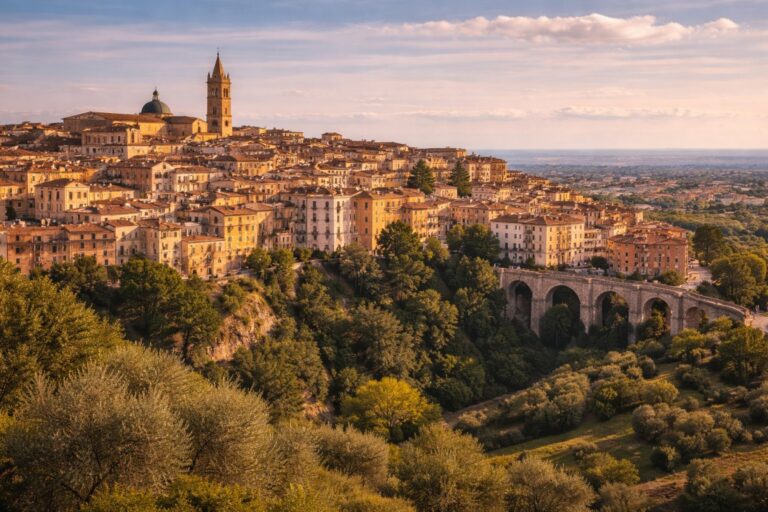 Lanciano historic center with Santa Maria del Ponte bell tower and stone viaduct in Abruzzo