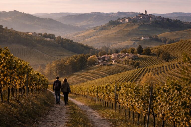 Cultivated vineyard hills in Langhe with winding farm road and hilltop village